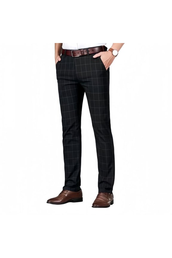 i·FineLong Men's Black Grid Pattern Dress Pants, Suitable for Business and Formal Occasions