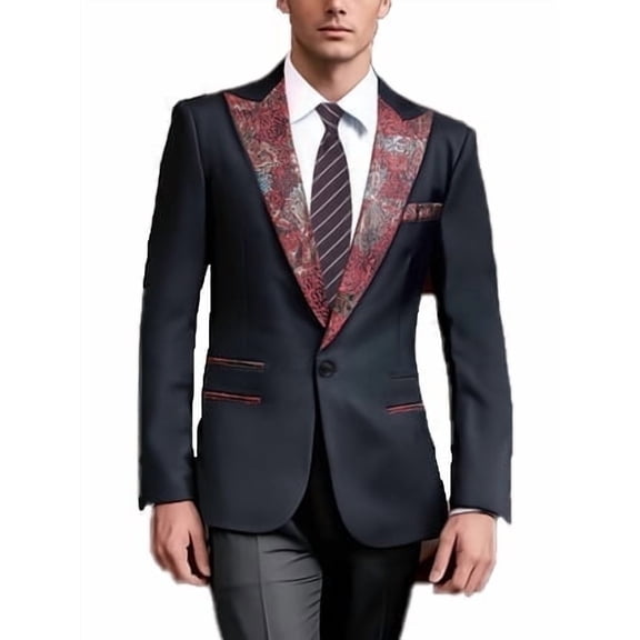 i.Finelong Men's Dark Blue with Patterned Collar Two - Piece Suit, Suitable for Business and Other Formal Occasions