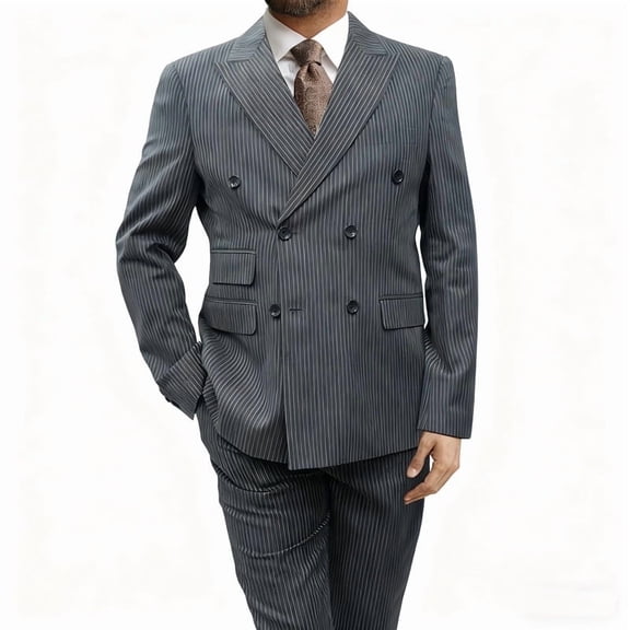 Finelong Men's Dark Gray Pinstripe Double-Breasted Two-Piece Suit, Suitable for Business and Other Formal Occasions