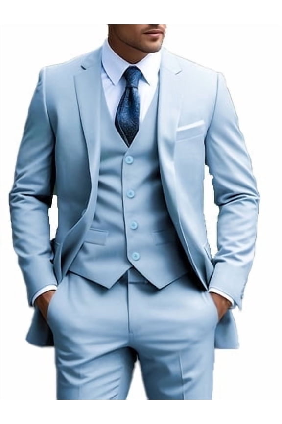 Men's Light Blue Three - Piece Suit, Business Casual Wedding Formal Suit Set