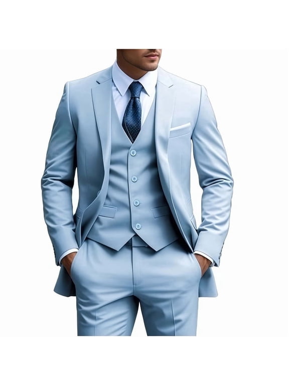 i·FineLong Men's Light Blue Three - Piece Suit, Business Casual Wedding Formal Suit Set