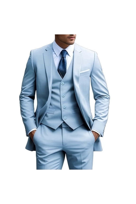 i·FineLong Men's Light Blue Three - Piece Suit, Business Casual Wedding Formal Suit Set