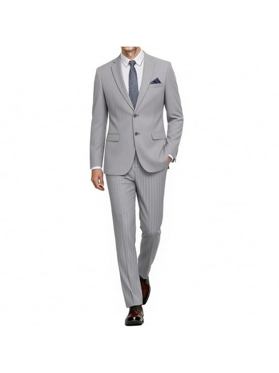 i·FineLong Men's Light Gray Pinstripe Two - Piece Suit, Suitable for Business and Other Formal Occasions