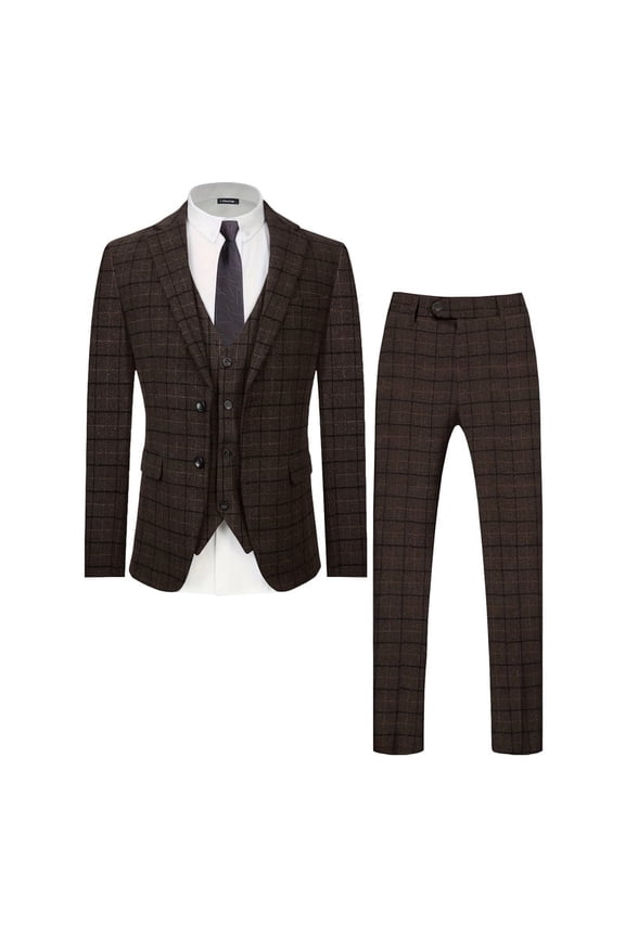 i·FineLong Men's Plaid Three - Piece Suit, Suitable for Business and Travel