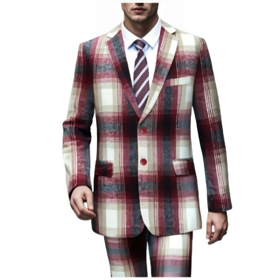 i.Finelong Men's Red and Beige Plaid Suit, Suitable for Business and Other Formal Occasions