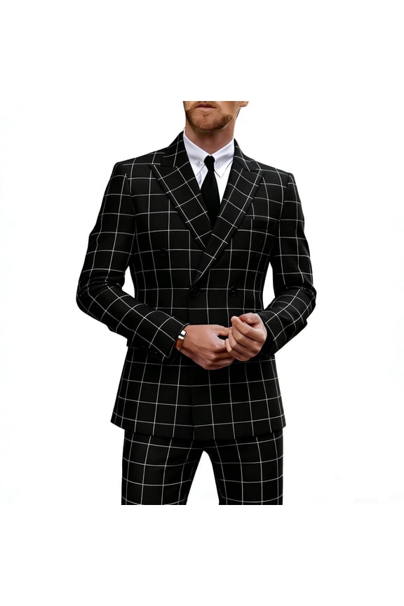 Men's Stylish Plaid Pattern Slim-Fit Two-Piece Suit for Formal & Casual Occasions
