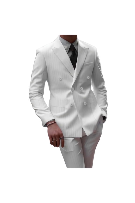 iĀ·FineLong Men's White Pinstripe Double - Breasted Two - Piece Suit, Suitable for Business and Other Formal Occasions