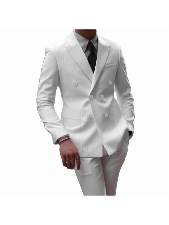 i·FineLong Men's White Pinstripe Double - Breasted Two - Piece Suit, Suitable for Business and Other Formal Occasions