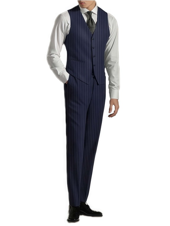 i·FineLong Dark Blue Pinstripe Formal Occasion Suit Vest & Trousers, 2-Piece Set (Men's)