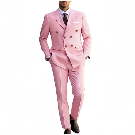 i.Finelong Men's pink double-breasted formal suit, suitable for business, banquets, parties, etc.