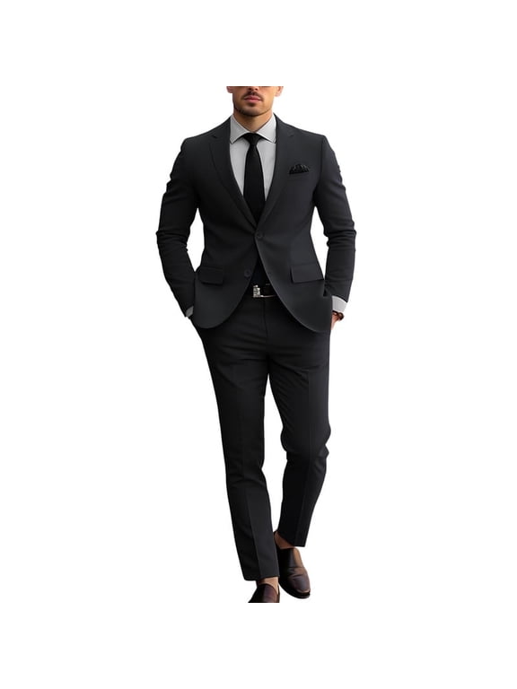i·FineLong men's slim-fit double-button suit set, two-piece, suitable for business, office, wedding and casual occasions.