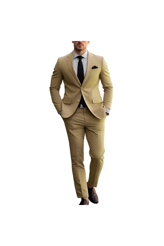 i·Finelong men's slim-fit double-button suit set, two-piece, suitable for business, office, wedding and casual occasions.