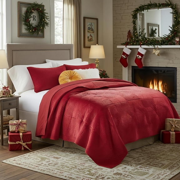 Finely Stitched Velvet Quilt Set, 3-Piece Full/, Riviera Red