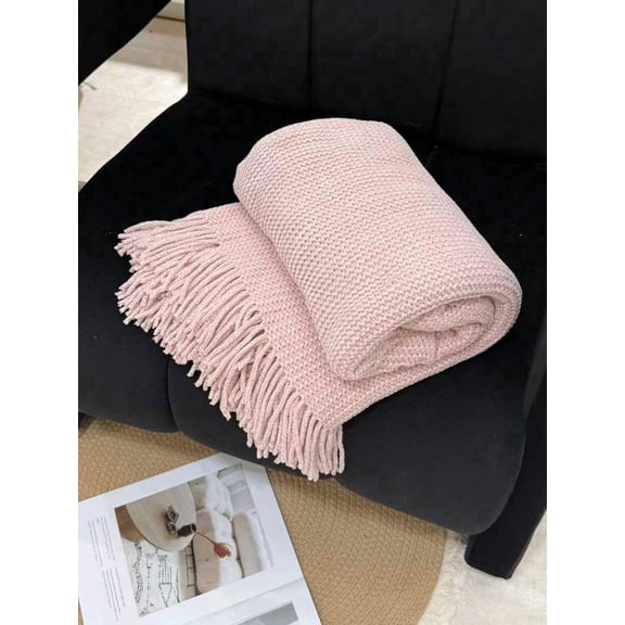 Finely Woven Chenille Pink Knit Throw Blanket With Fringe, Soft Acrylic For Sofa Bed Decor