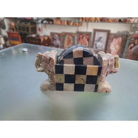 Finely hand check design crafted marble made 2 sided elephant figure coaster set along with 6 plates/ coasters