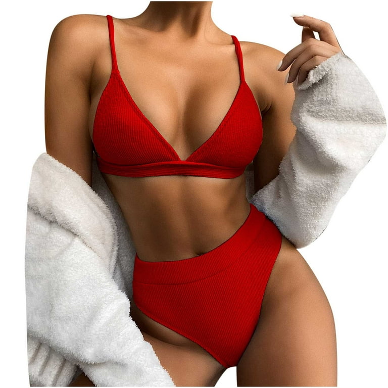 Finelylove 2 Piece Swimsuit For Women Padded Sport Bra Style Bikini Red L 