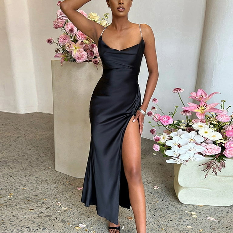 Finelylove Aline Dresses For Women Knee Length Cami Dress For Women V-Neck  Solid Sleeveless Sun Dress Black
