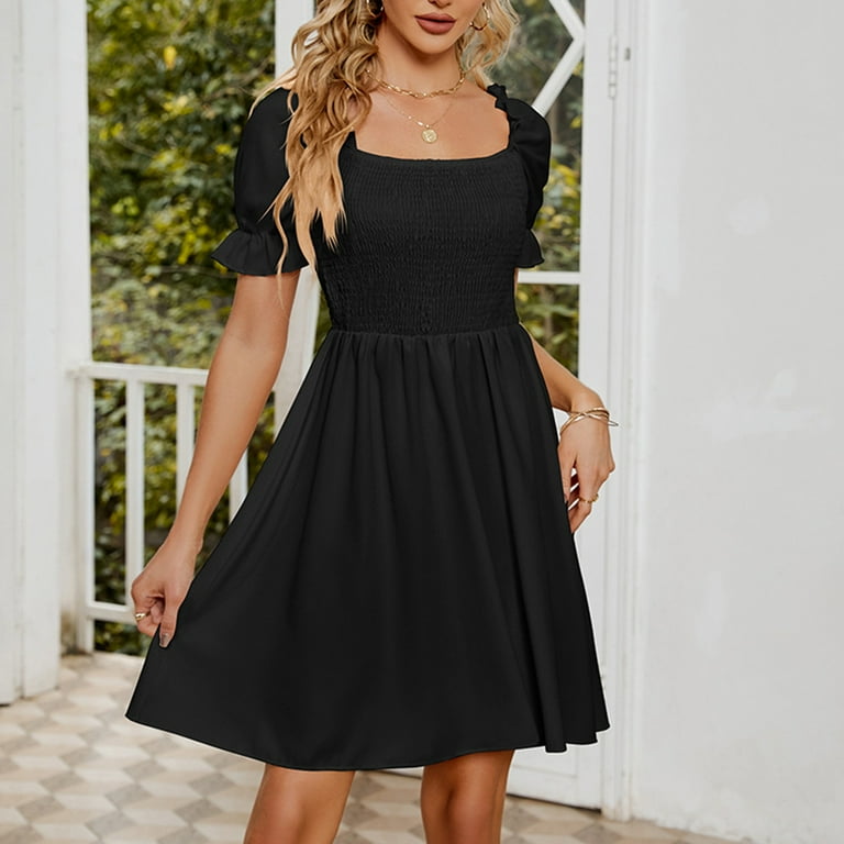 Finelylove Black Floral Dresses Spring Dress For Girls A line Regular Short Sleeve Solid Black L Walmart