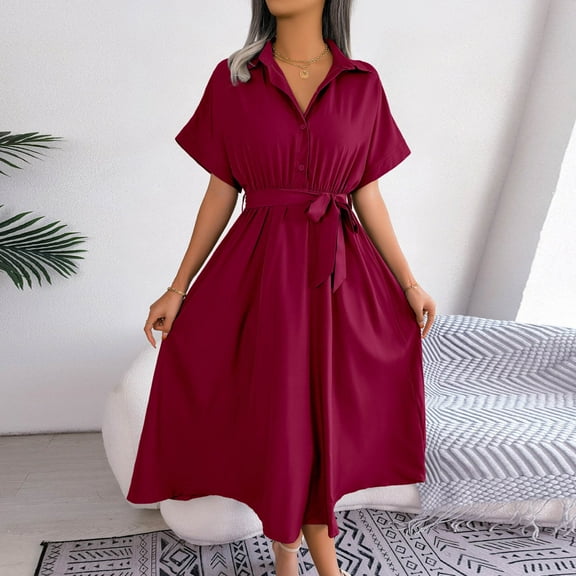 Finelylove Cami Dress For Women Elegant Dress For Women A-line Long Short Sleeve Solid Wine L