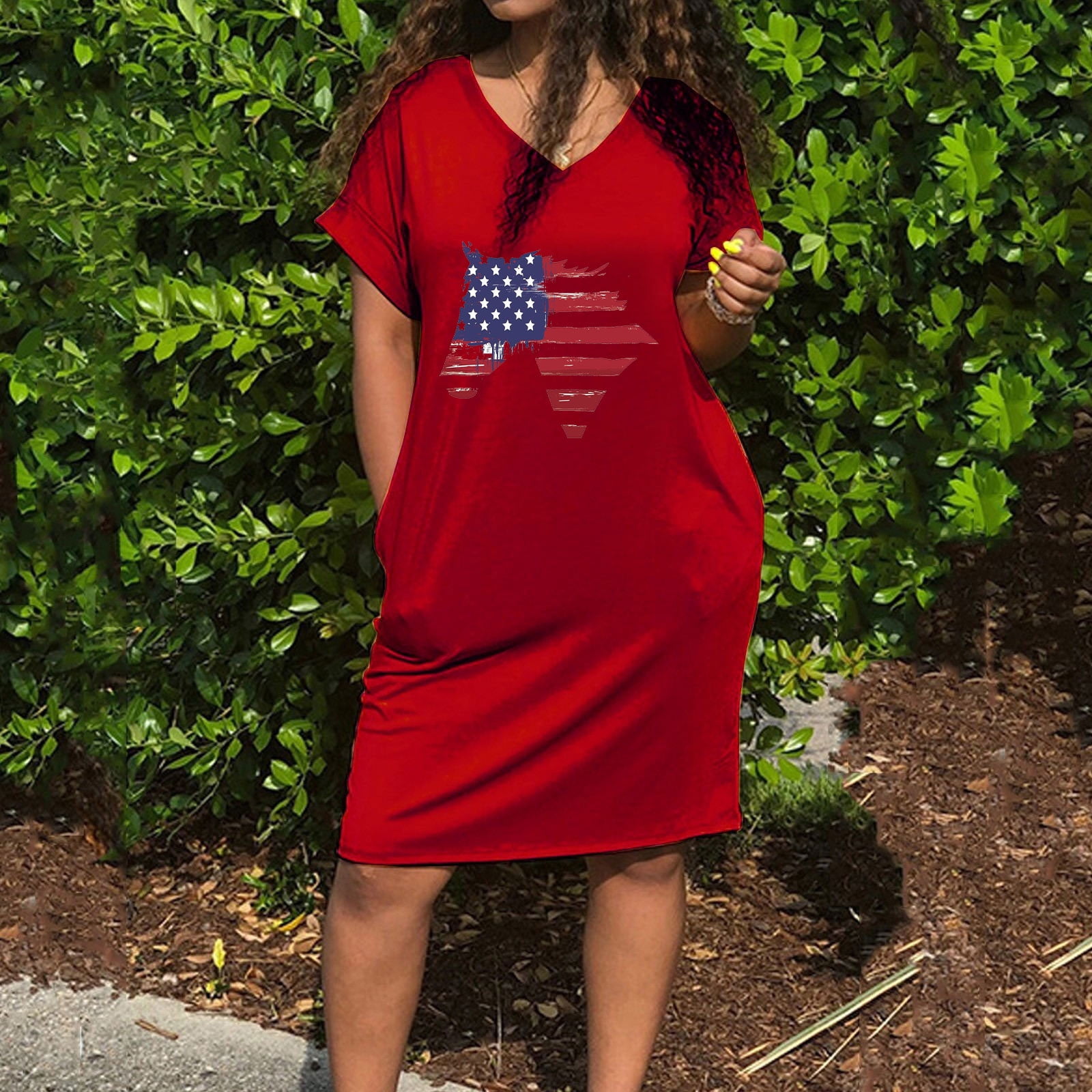 Finelylove Petite Formal Dresses For Women Dresses For Curvy Women V-Neck  Solid Short Sleeve Sun Dress Red M