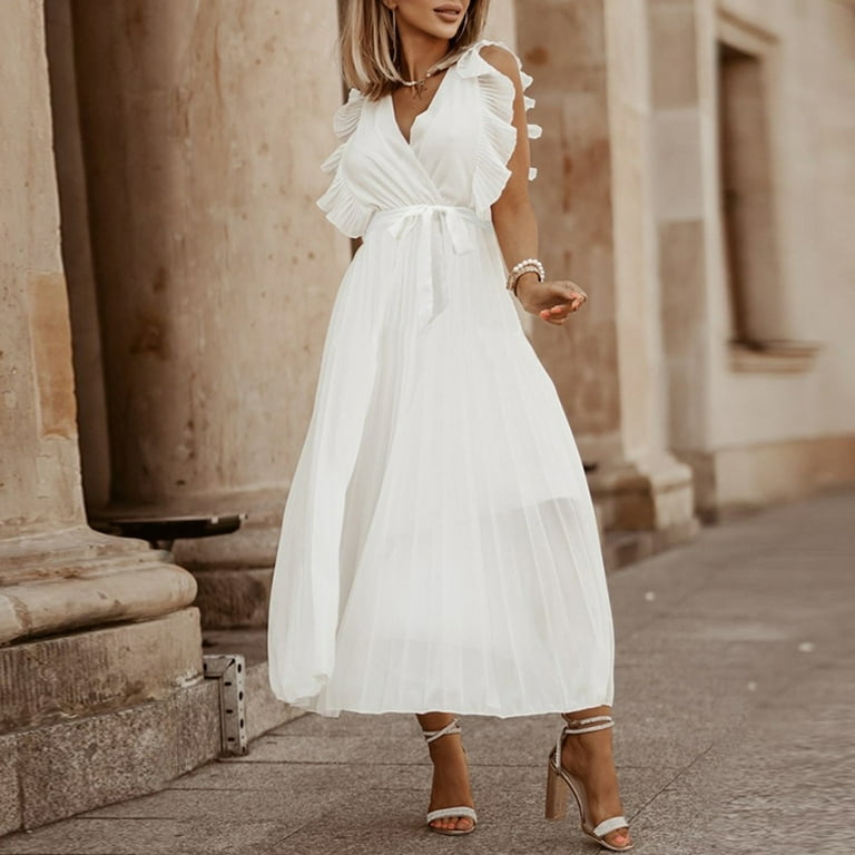 Finelylove Casual Summer Dresses Petite Formal Dresses For Women V-Neck  Solid Sleeveless Sun Dress White