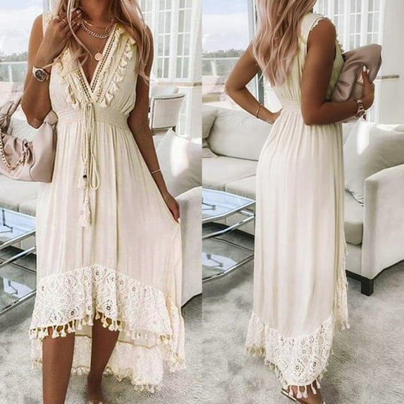 Finelylove Flowy Maxi Dress Beach Dresses V-Neck Boho Sleeveless Solid Beige M