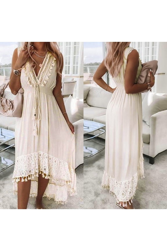 Flowy Maxi Dress Beach Dresses V-Neck Boho Sleeveless Solid Beige M