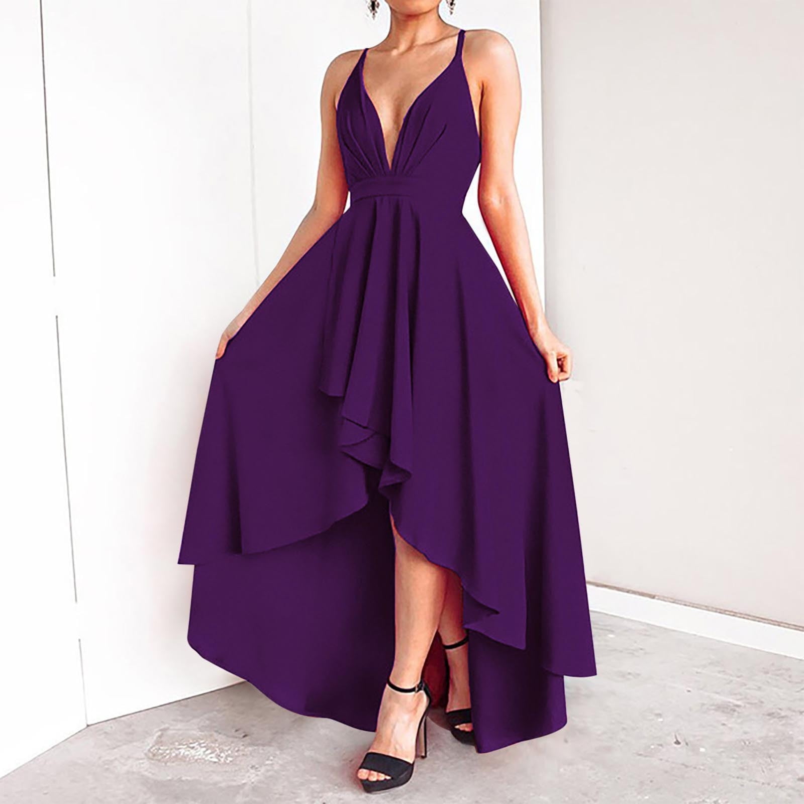 Finelylove Flowy Maxi Dress Woman Semi Formal Dresses A line Ankle Length Sleeveless Solid Purple L