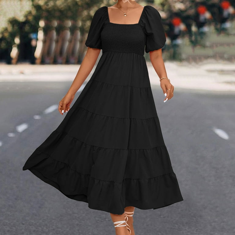Finelylove Formal Black Dress Woman Clothes Under 5 Summer Clearance A-line  Long Short Sleeve Solid Black S