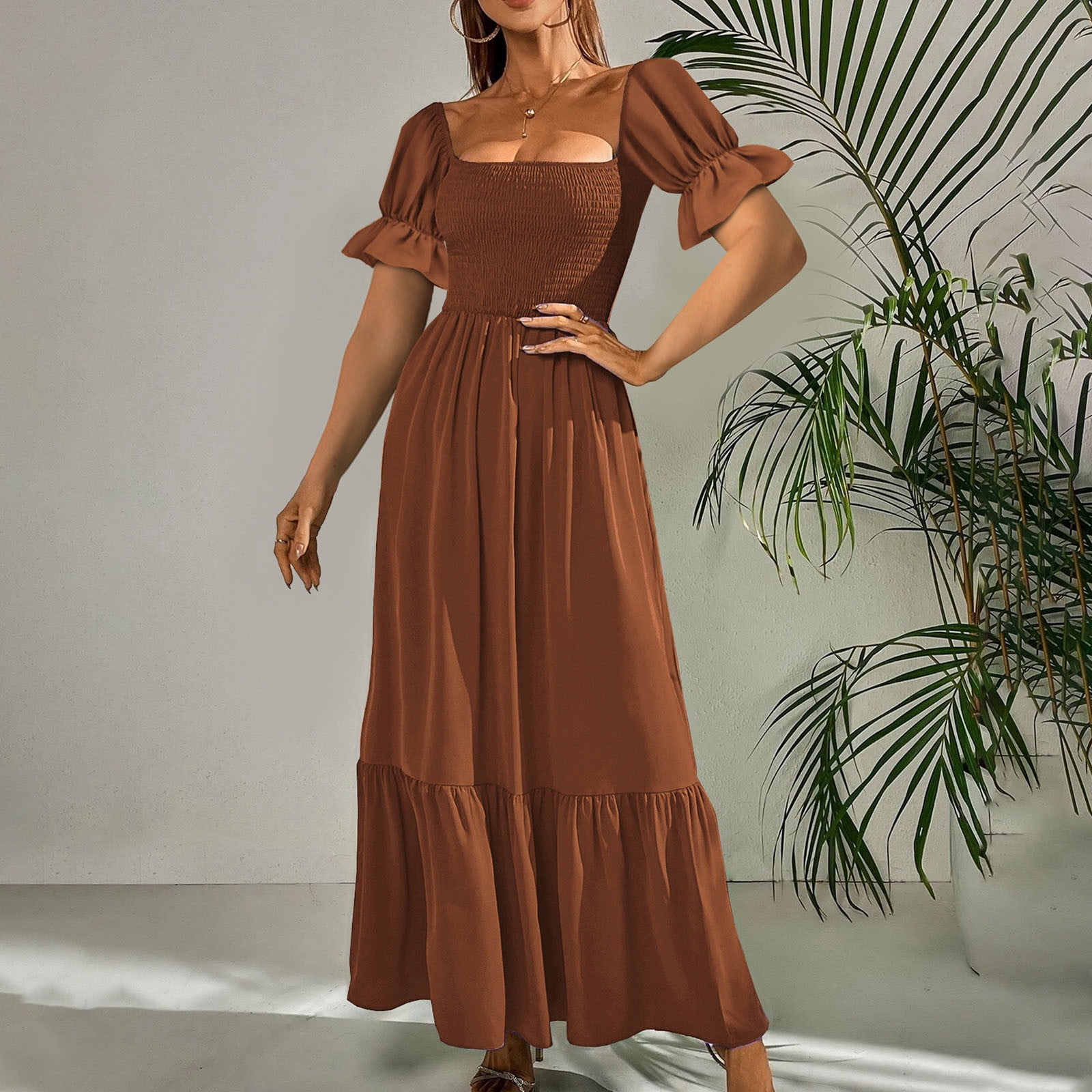 Finelylove Formal Midi Dress Pastel Color Dress For Women A line Long Short Sleeve Solid Coffee S Walmart