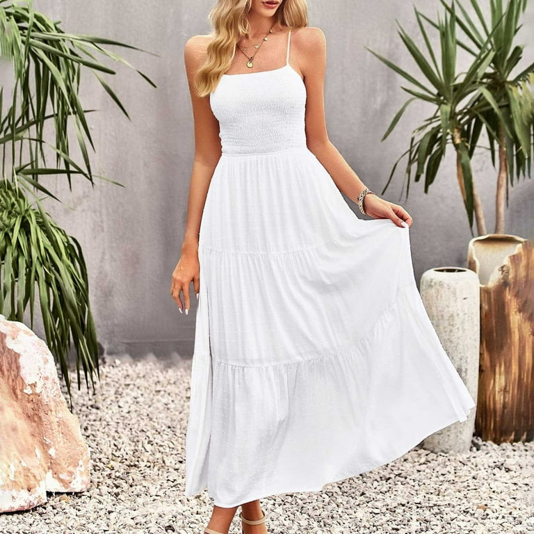 Finelylove Formal Midi Dress Short Flowy Dress For Women V-Neck Solid  Sleeveless Sun Dress White L 