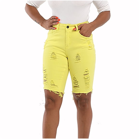 Finelylove Jean Shorts Women Jean Shorts Plus Size Women Jean High Waist Rise Solid Yellow S