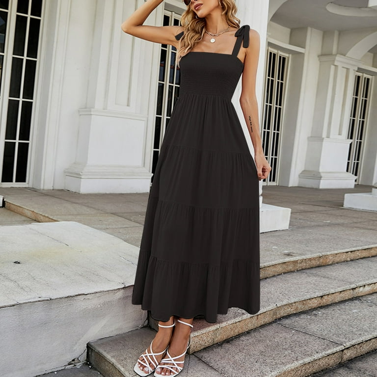Finelylove Knee Length Dress Dresses Under 20 Dollars For Women V-Neck  Solid Sleeveless Sun Dress Black 