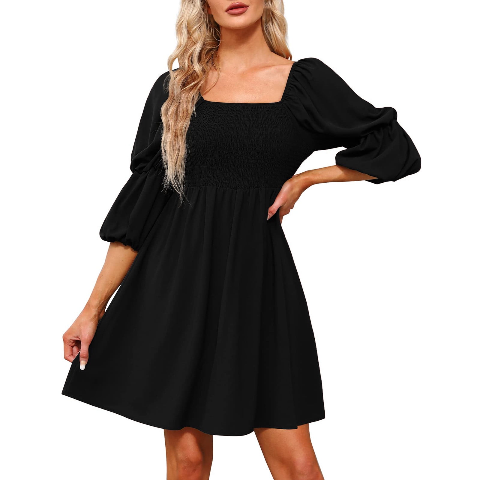 Finelylove Knee Length Dress Sorority Formal Dress V Neck Solid 3 4 Sleeve Mini Black Walmart