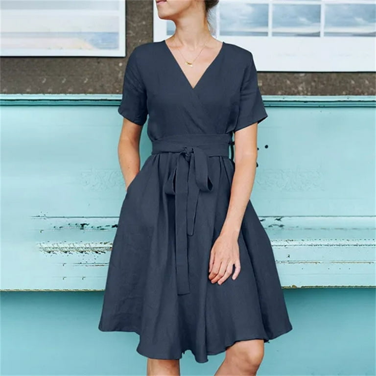 Finelylove Knee Length Dress Woman Semi Formal Dresses A Line Short Short Sleeve Solid Navy XL Women s Blue