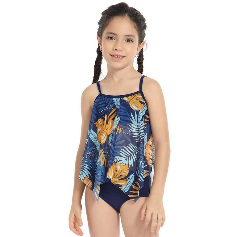 Finelylove Mommy And Me Swimsuits Tummy Concealing Sport Bra Style High  Waist Blue 5-6 Years 