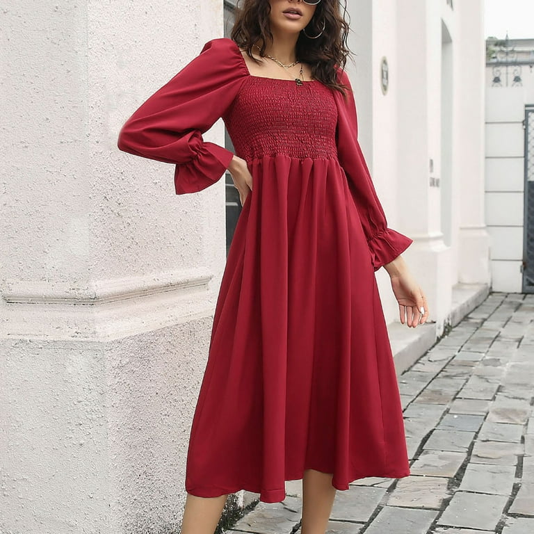 Finelylove Petite Formal Dresses For Women Dresses For Curvy Women V-Neck  Solid Long Sleeve Peplum Red 