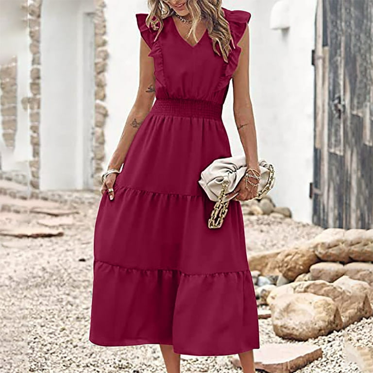 Finelylove Petite Formal Dresses For Women Dresses For Curvy Women V-Neck  Solid Short Sleeve Sun Dress Red