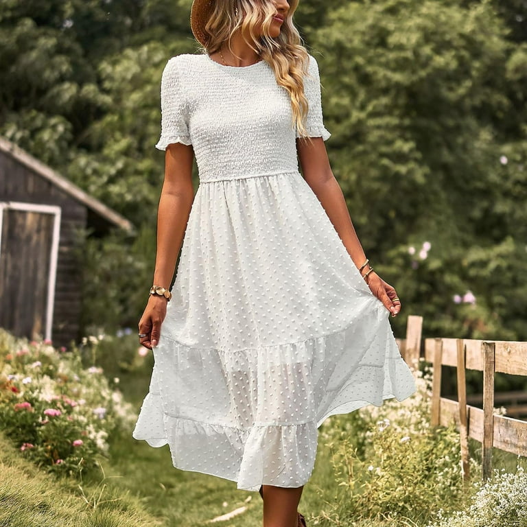 Finelylove Petite Maxi Dresses Semi Formal Junior Dresses V-Neck Solid  Short Sleeve Sun Dress White XL
