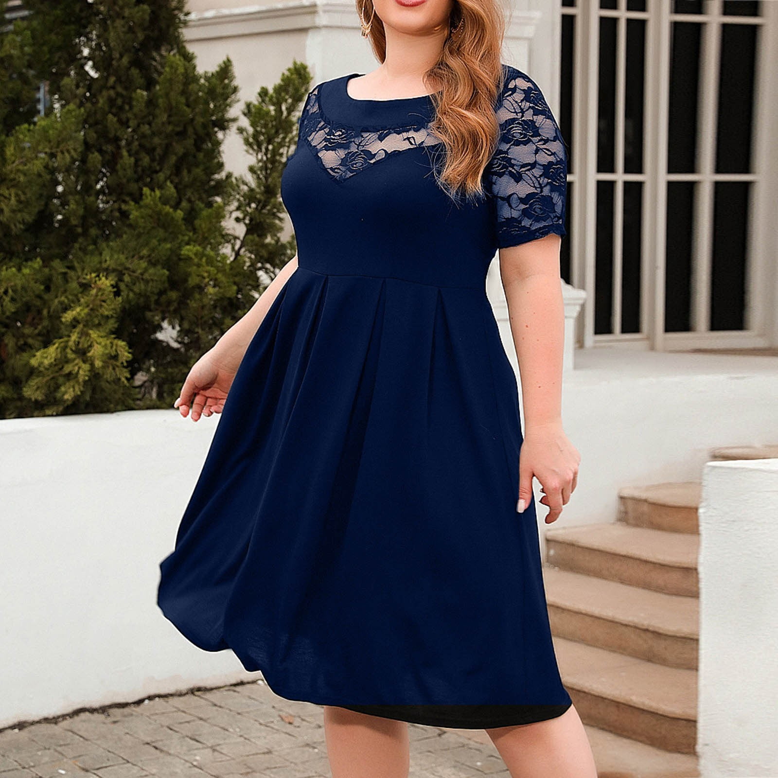 Finelylove Plus Size Satin Dress Casual Maxi Dress V-Neck Solid Short  Sleeve Sun Dress Blue 