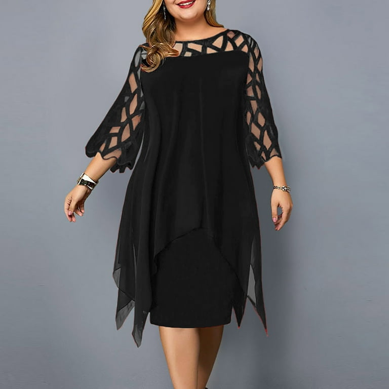 Finelylove Plus Size Satin Dress Colorful Dress V-Neck Solid Long Sleeve  Sun Dress Black 