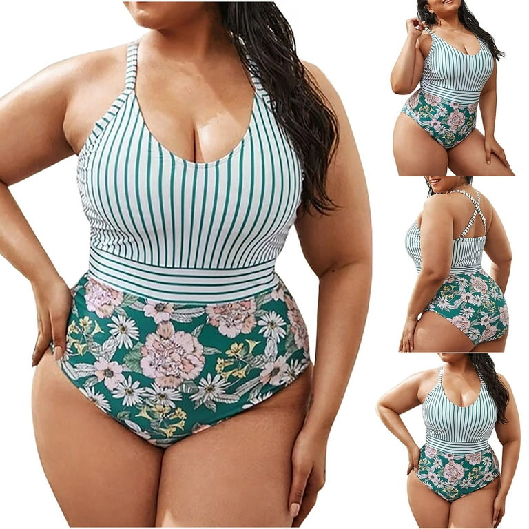Finelylove Plus Size Swimsuit For Women Tummy Concealing Sport Bra Style  Bikini Blue XXXL