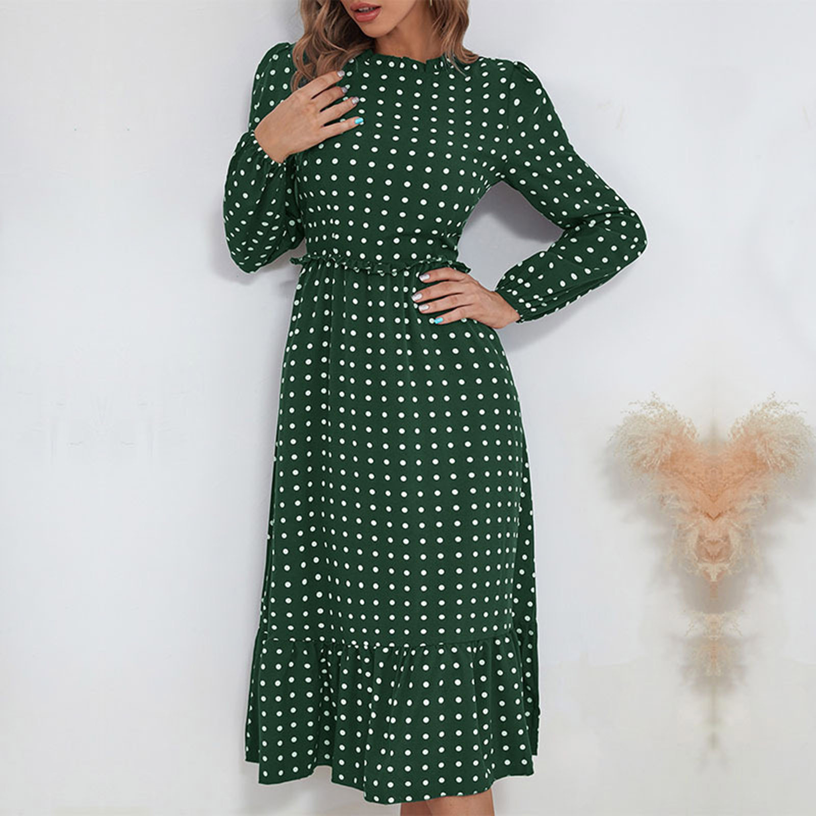 Finelylove Polka Dot Dresses Spring Dress For Girls A line Long Long Sleeve Polka Dot Green S Walmart