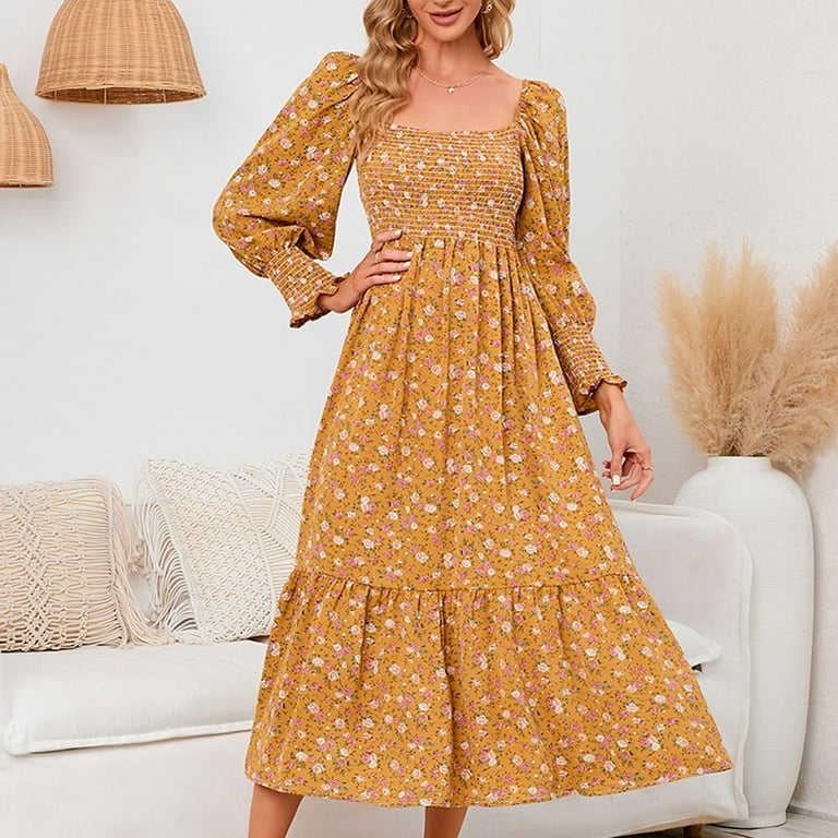 Finelylove Prettygarden Dresses Women Fitted Dress Crew Neck Printed Long  Sleeve Maxi Yellow 