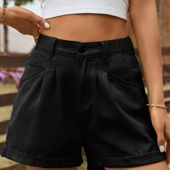 Finelylove Pull On Jean Shorts For Women Shorts For Teens Mid Waist Rise Outdoor Activity Solid Black L