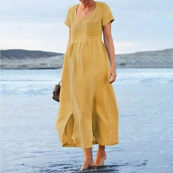Finelylove Sexy Dresses Vintage Prom Dress A-line Long Short Sleeve Solid Yellow XXL