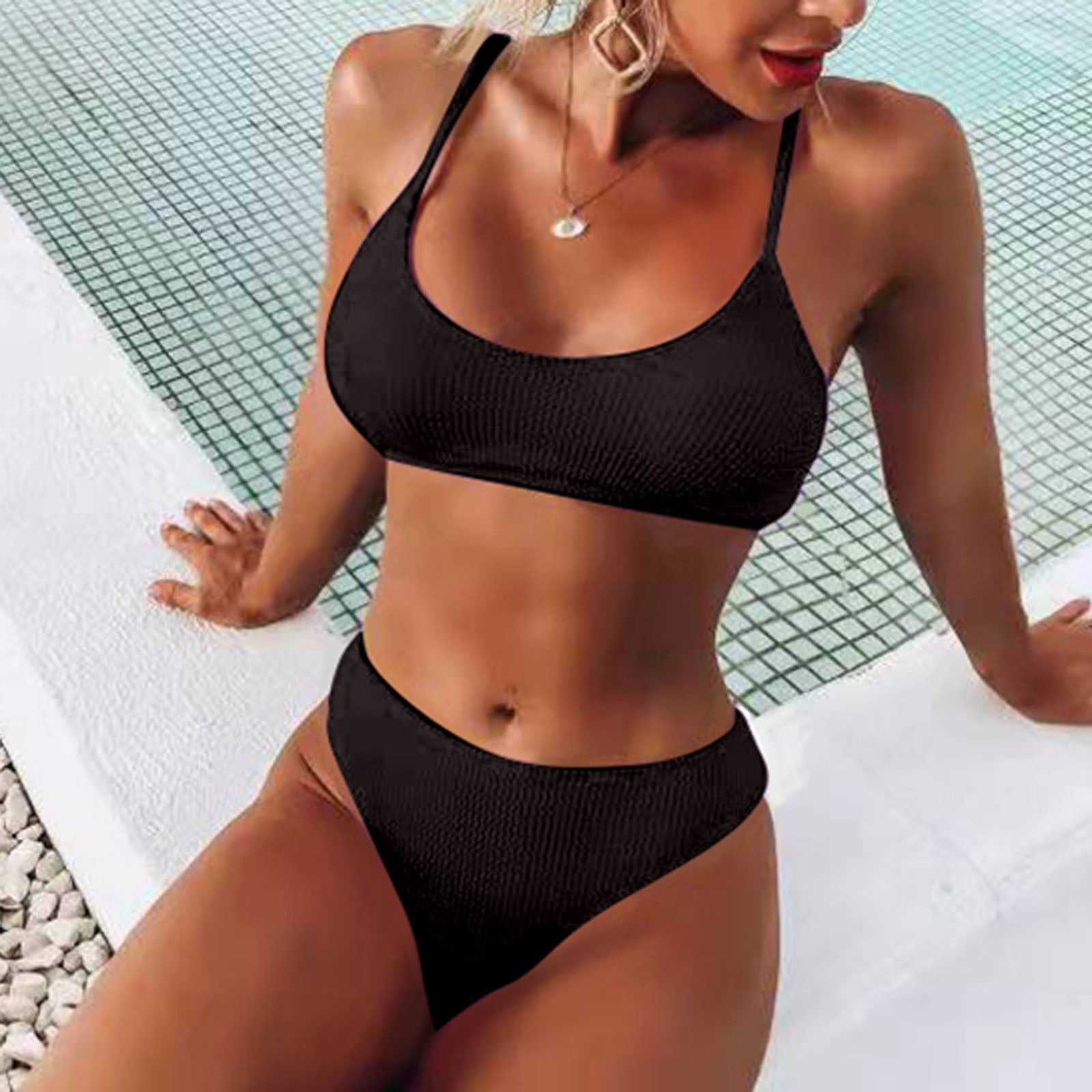 Finelylove Sexy Swimsuit For Women Lightly Lined Sport Bra Style Bikini  Black M 