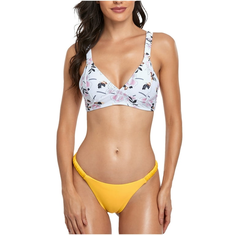 Finelylove Swimsuits For Women Lightly Lined Sport Bra Style Bikini Yellow  L 