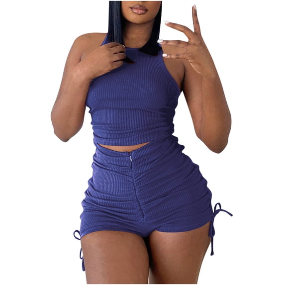 Finelylove Shorts Set For Women Rugby Shorts Pleated High Waist Rise Solid Blue XL