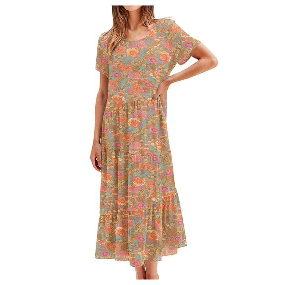 Finelylove Sleeveless Dresses Formal Dresses For Woman Crew Neck Peplum Short Sleeve Printed Khaki S